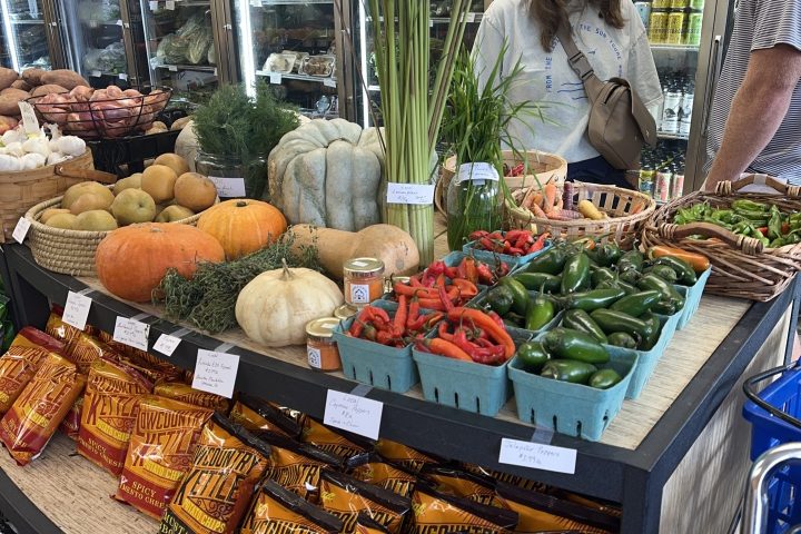 a group of people in a store filled with lots of fresh produce