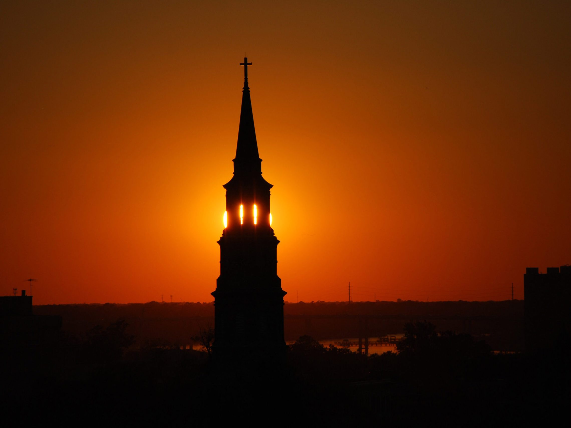 a view of a city at sunset