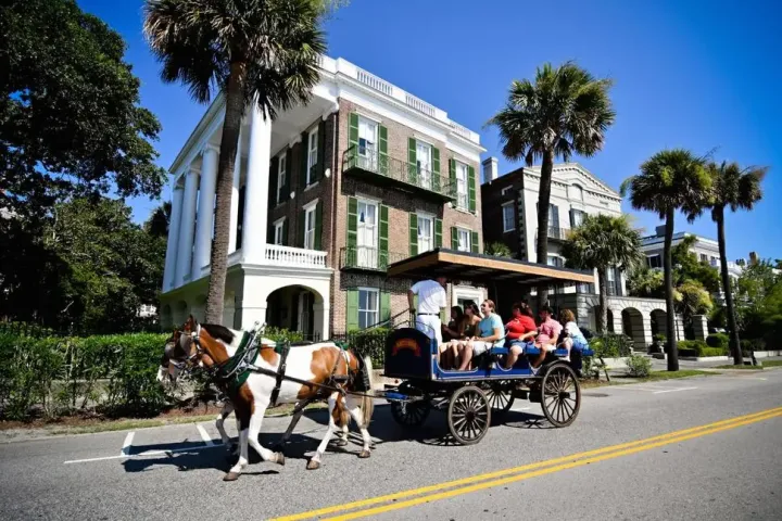a man riding a horse drawn carriage on a city street